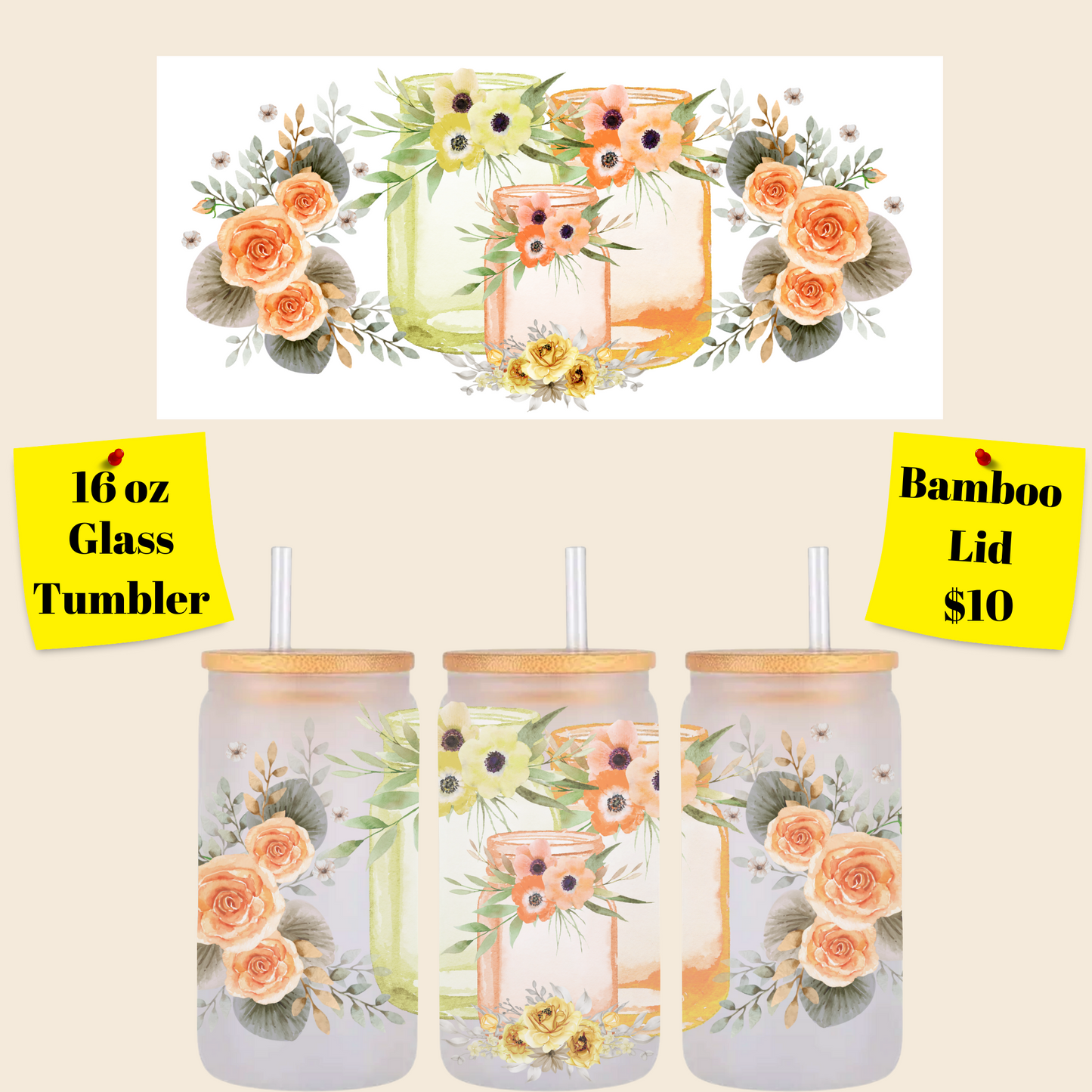 Nature's Elegance" Collection - 16oz Glass Tumblers with Bamboo Lids