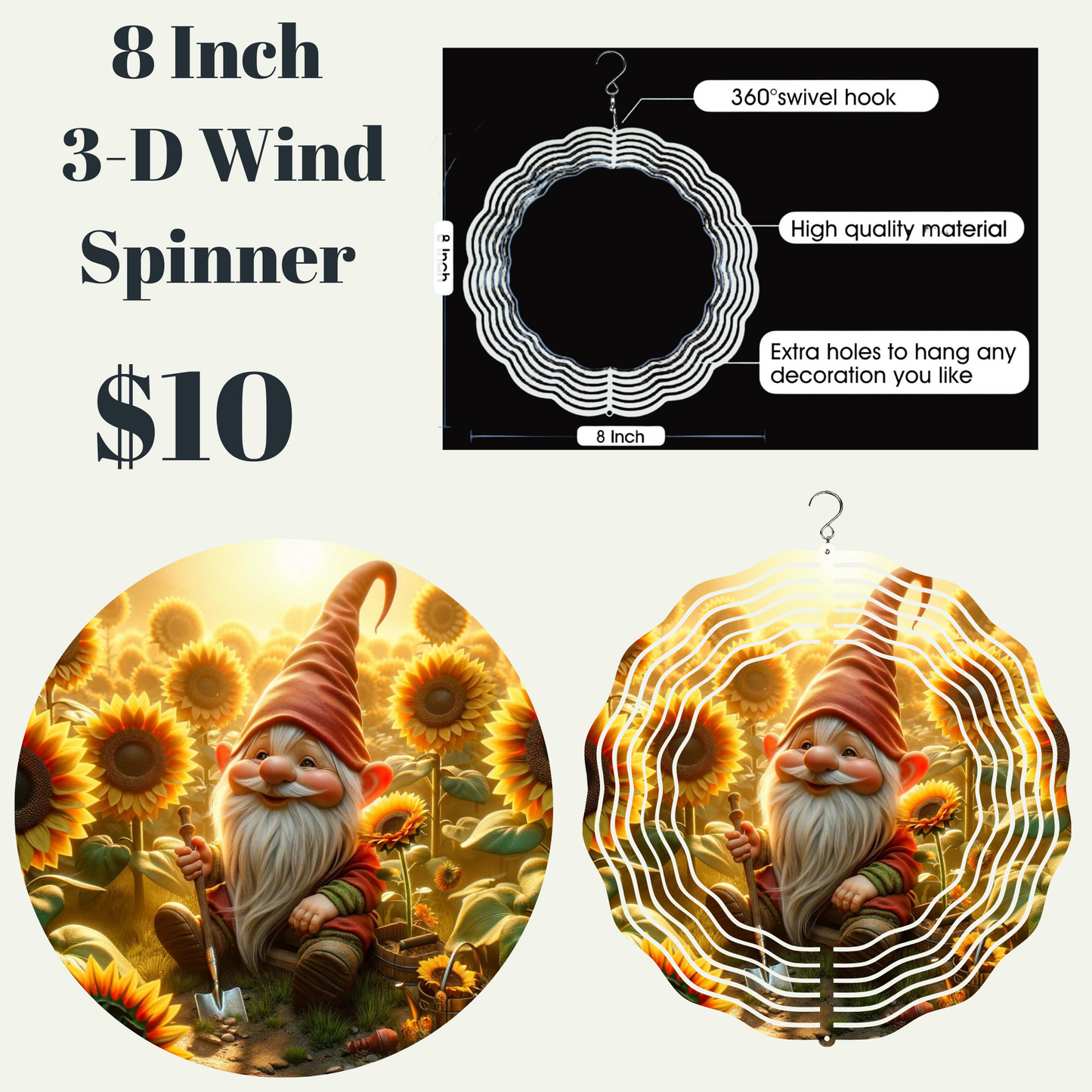 Sunflower Serenity Gnome 3D Wind Spinner