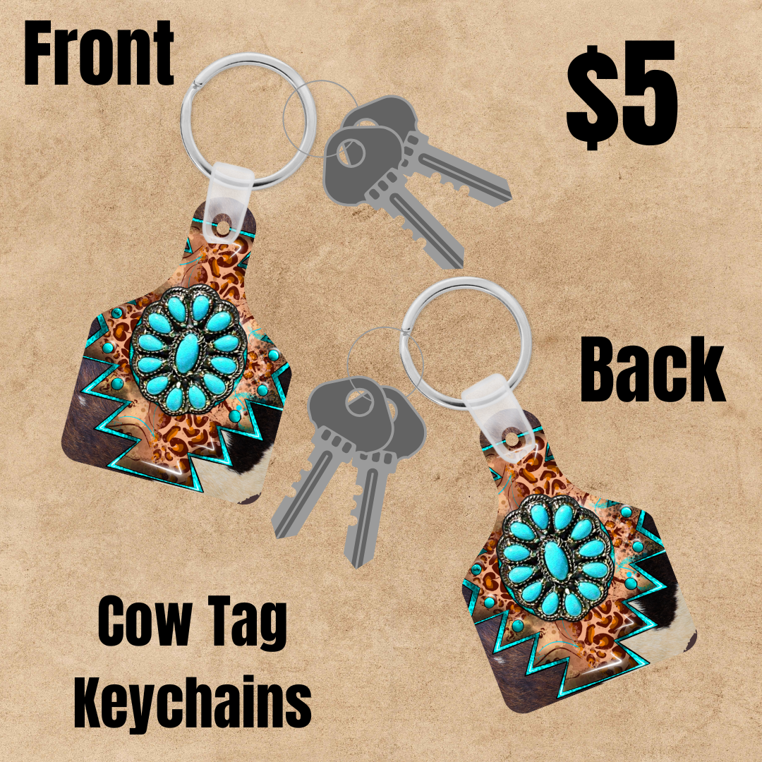 Turquoise stone Western Cow Tag Keychain