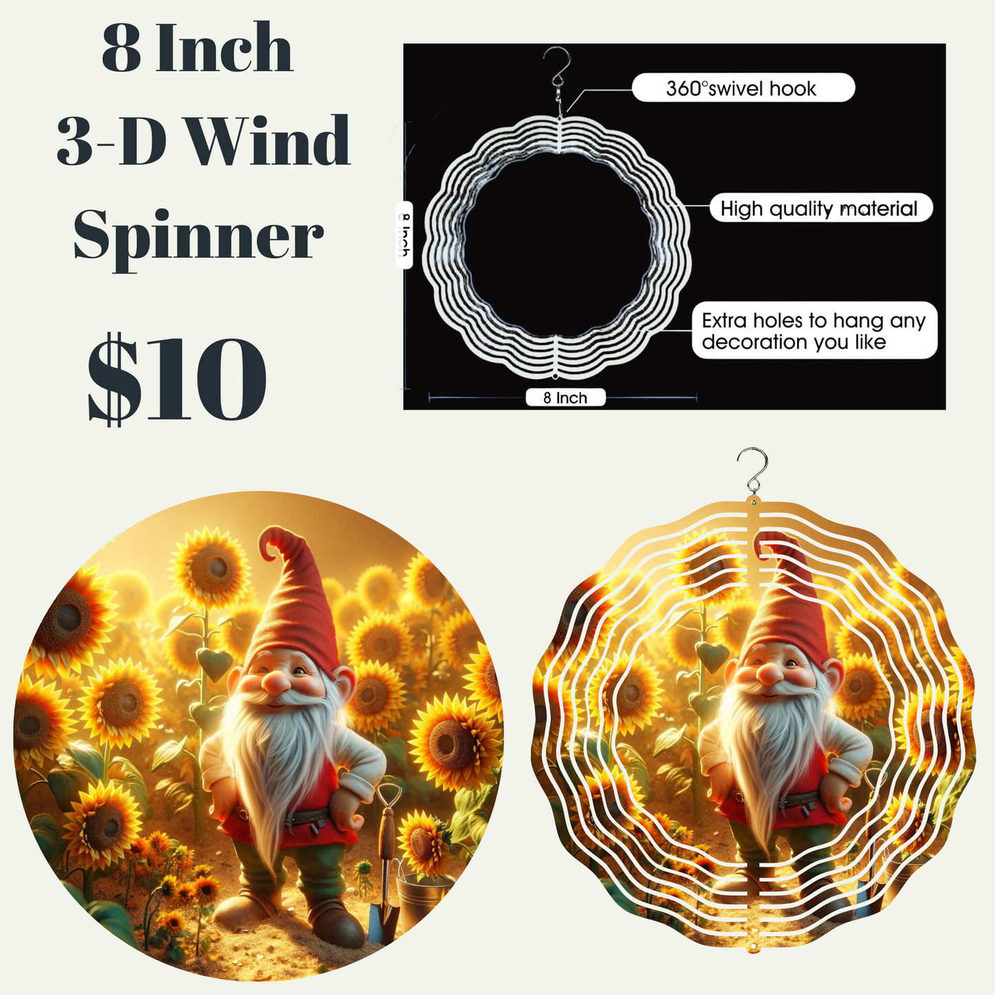 Sunflower Serenity Gnome 3D Wind Spinner