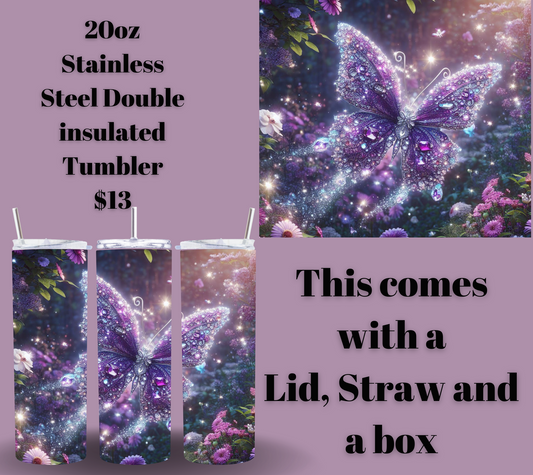 Radiant Purple Butterfly: 20oz Stainless Steel Tumbler of Elegance