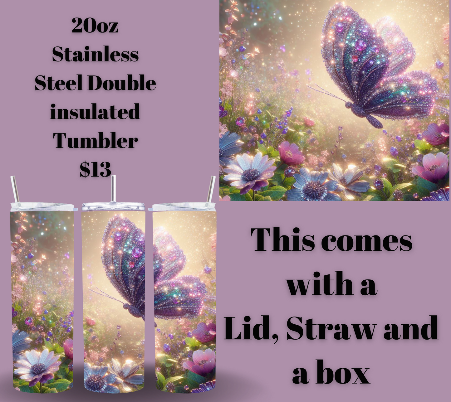 Radiant Purple Butterfly: 20oz Stainless Steel Tumbler of Elegance