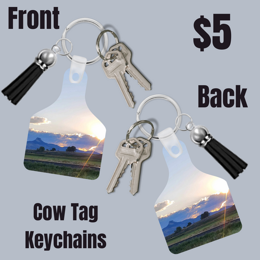 Heart Mountain Sunset Cow Tag Keychain