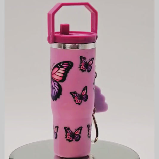Purple Butterfly Mini Tumbler Keychain with Chapstick Holder & Emotional Support Charm