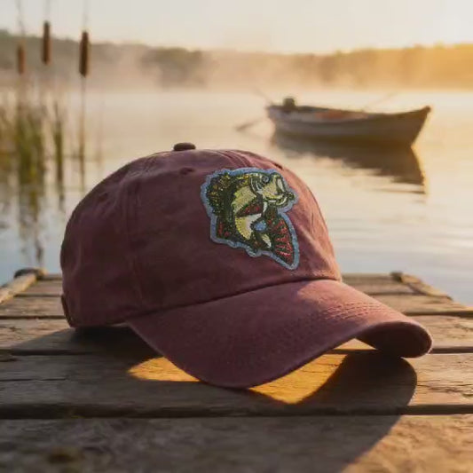 Embroidered Patch Largemouth Bass Vintage Dad Hat – Sunset Maroon Fishing Cap
