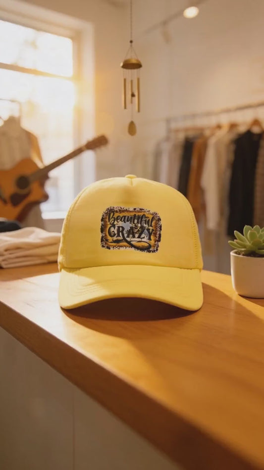 “Beautiful Crazy” Yellow Mesh Trucker Hat – DTF Leopard Print Graphic Cap