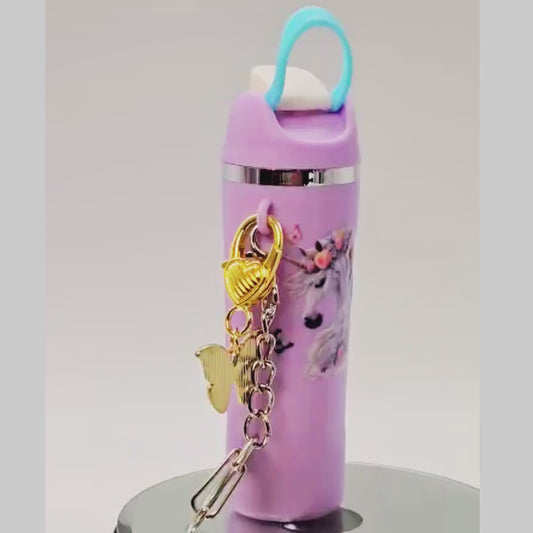 Lavender Unicorn Mini Tumbler Keychain with Chapstick Holder & Butterfly Charm