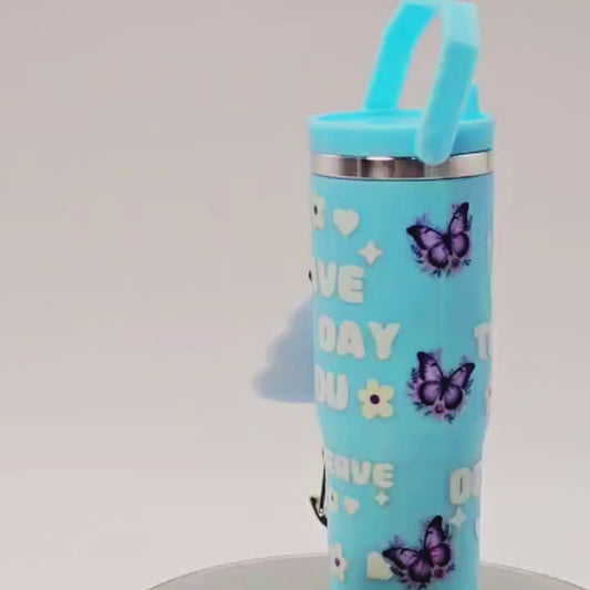 Blue Butterfly Mini Tumbler Keychain with Chapstick Holder & Emotional Support Poo Charm