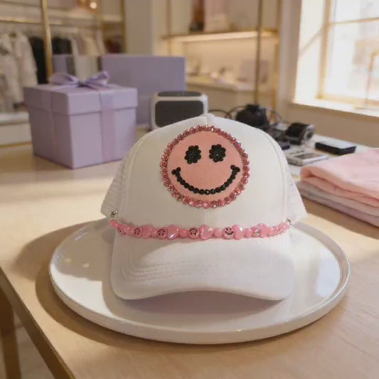 Kids Pink Smiley Face Trucker Hat with Rhinestone Patch & Beaded Brim