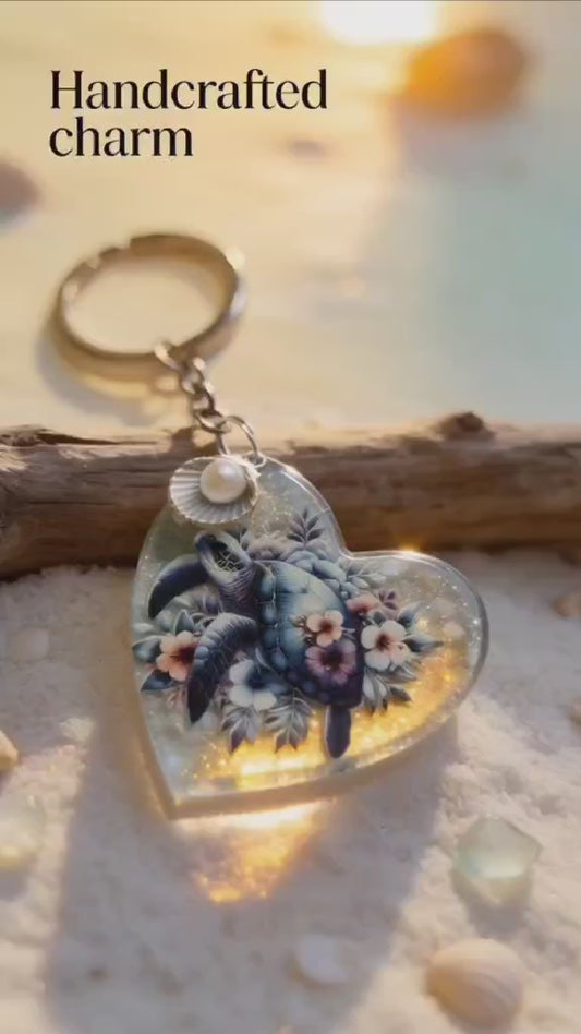 Ocean Bloom Turtle Heart Keychain – Glitter Resin Sea Charm