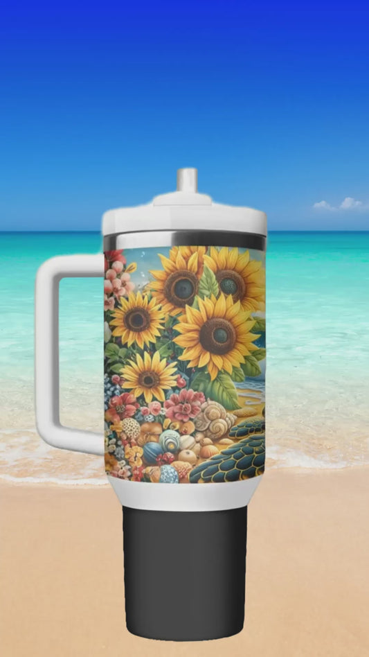 Sunflower Sea Turtle Tropical Beach 30oz Stainless Steel Insulated Tumbler with Handle