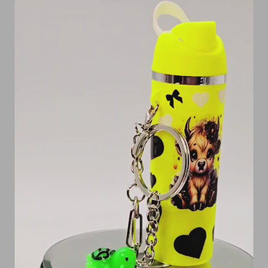 Yellow Highland Cow Mini Tumbler Keychain with Chapstick Holder & Turtle Charm