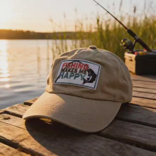 “Fishing Makes Me Happy” 100% Fabric Dad Hat – Embroidered Fisherman Cap