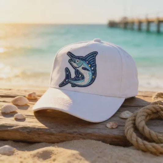“Sparkling Marlin” White Glitter Patch Hat – Coastal Fishing Dad Cap
