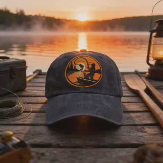 Sunset Catch Embroidered Patch Navy Dad Hat – Vintage Fisherman’s Cap