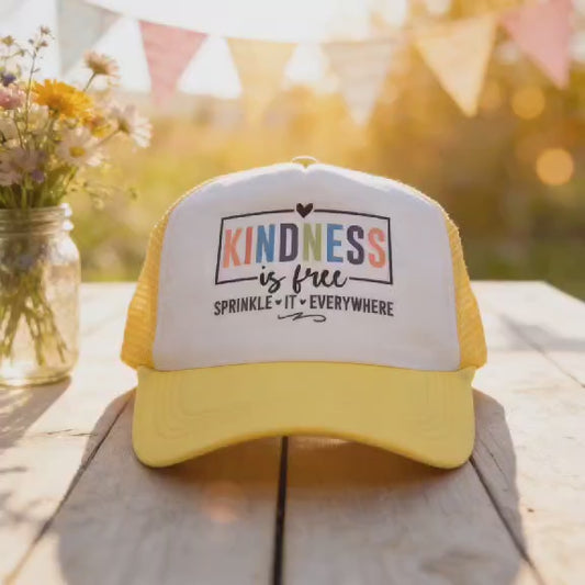 “Kindness Is Free” Yellow & White Mesh Trucker Hat – Positive Vibes Everyday Cap