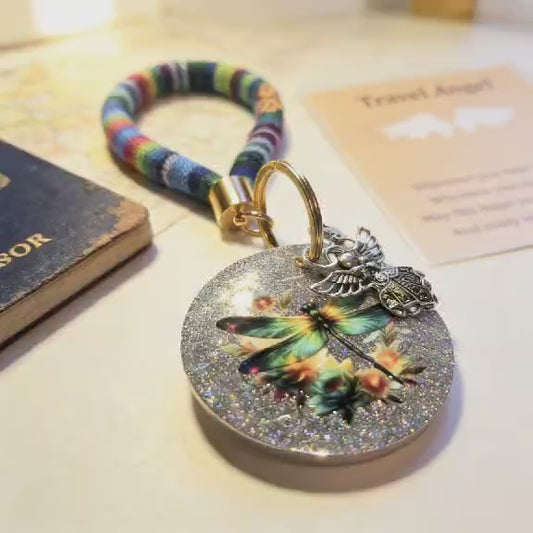 Angel Wings Dragonfly Resin Keychain – Handmade Travel Guardian Charm