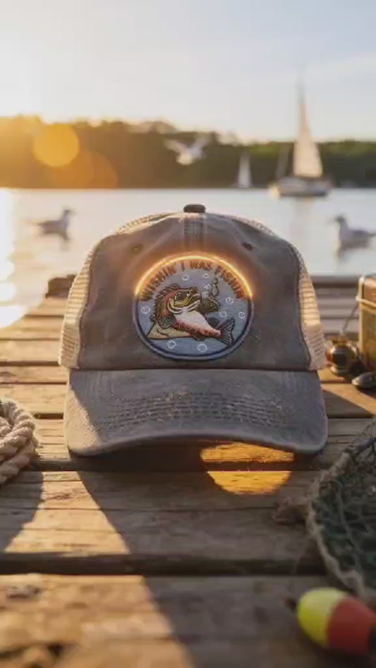 “Wishin’ I Was Fishin’” Vintage Blue Mesh Trucker Hat – Embroidered Fishing Cap