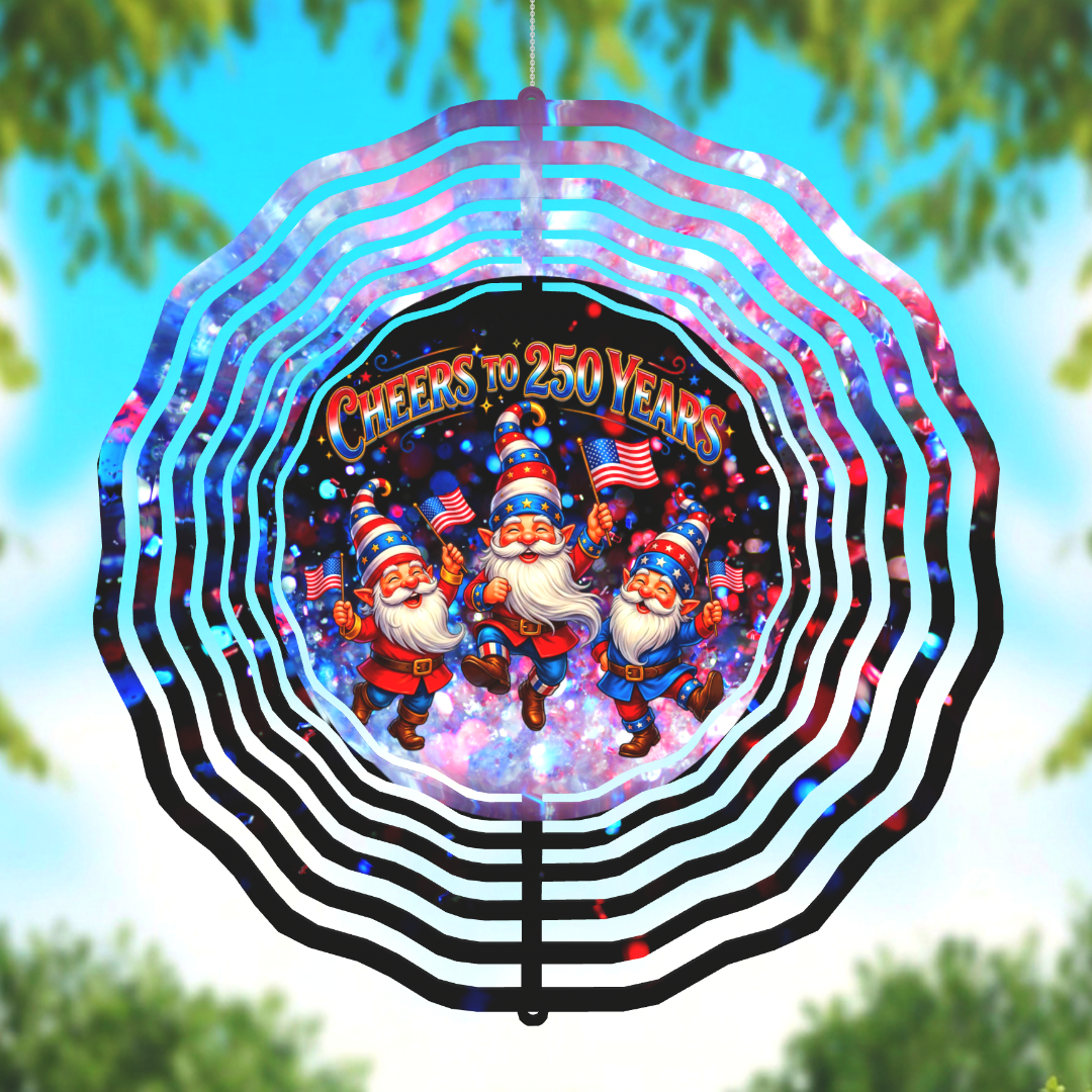 Cheers to 250 Years America's Birthday Gnome 3D Wind Spinner 8" Holographic Patriotic Garden Spinner with Crystal Drop