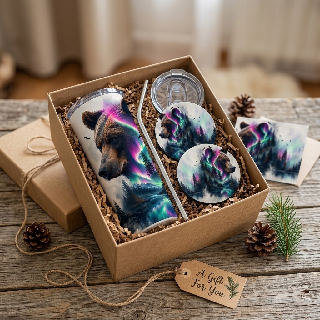 Majestic Aurora Bear Tumbler & Coaster Set