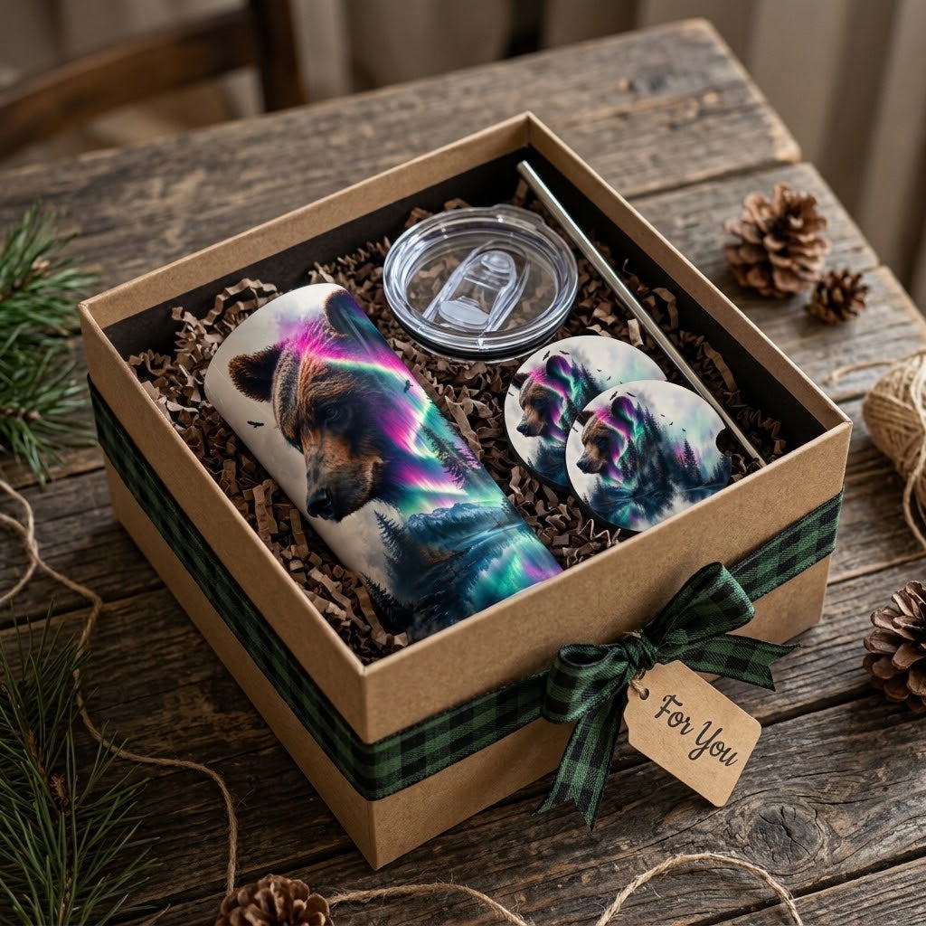 Majestic Aurora Bear Tumbler & Coaster Set